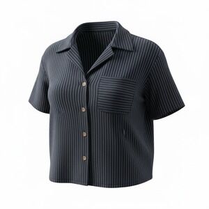 Love Notes Womens Boxy Cropped Striped Button Down‎ Short Sleeve Top Navy Blue L